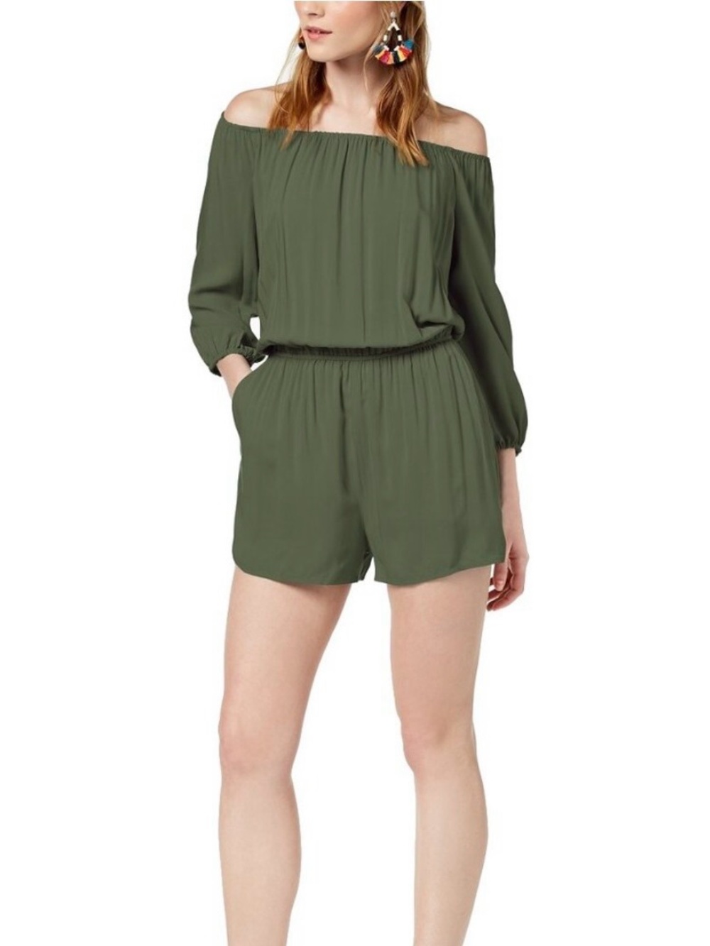 #48 NWT Bar III Dusty Olive Off The Shoulder Romper with Elastic Waist Size M